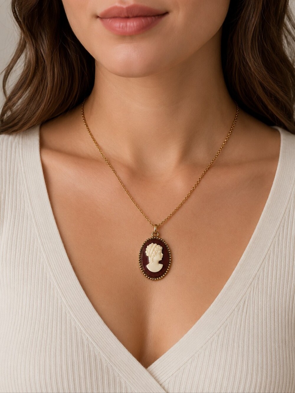 Vintage Inspired Gold Tone Cameo Necklace